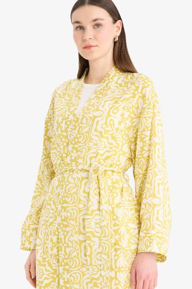 Relax Fit Bisiklet Yaka Desenli Viskon Kimono