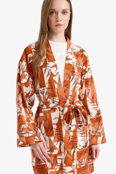 كيمونو فلورال فيسكوز قصة مريحة بياقة مستديرة برتقلي غامق