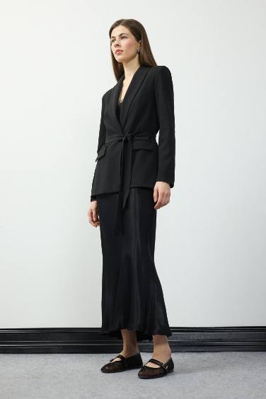 A Kesim Yüksek Bel Saten Midi Etek