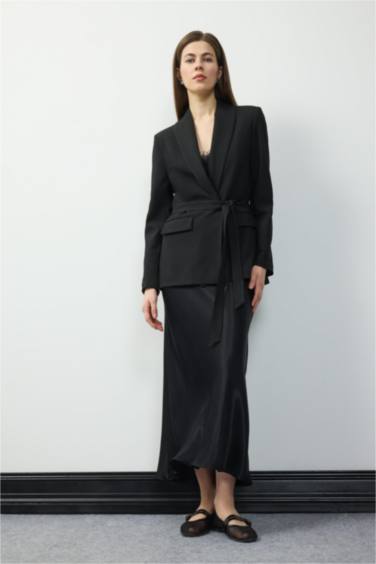 A Kesim Yüksek Bel Saten Midi Etek