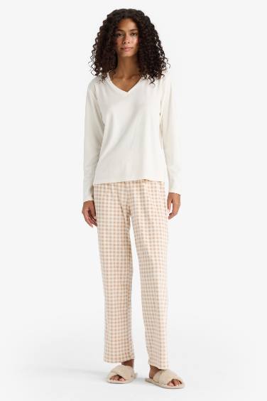 طقم بيجاما كاروهات محبوك قصة عادية كم طويل - قطعتين