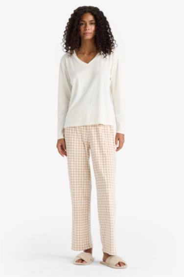 Pijama Takımı Regular Fit Uzun Kollu Velur Üst Kareli Uzun Alt-Fall in Love