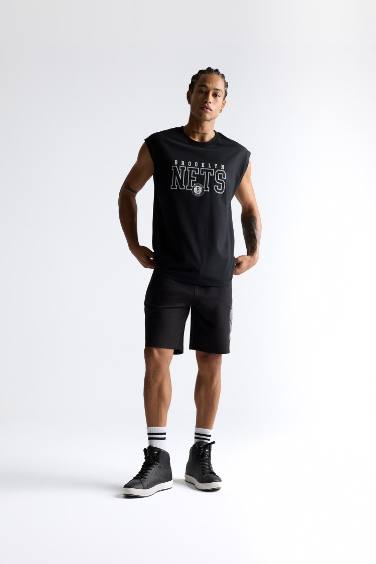 %100 Pamuk DeFactoFit NBA Brooklyn Nets Oversize Geniş Kalıp Bisiklet Yaka Atlet