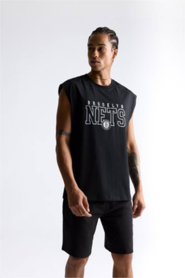 %100 Pamuk DeFactoFit NBA Brooklyn Nets Oversize Geniş Kalıp Bisiklet Yaka Atlet