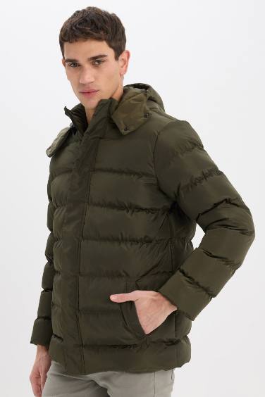 Regular Fit Hooded Zippered Snap Closure Puffer Jacket