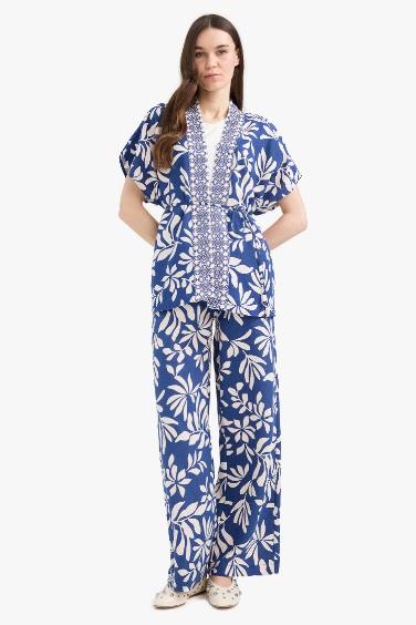 Chemise à manches courtes en lin mélangé à motifs Coupe régulière