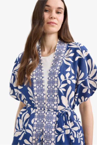 Chemise à manches courtes en lin mélangé à motifs Coupe régulière