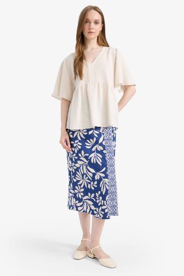 Прямой крой блузка с длинным рукавом и V-образным вырезом из льняной смеси