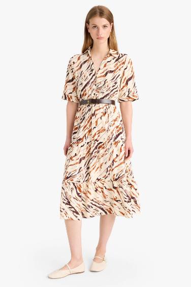 Shirt Collar Animal Print Half Sleeve Midi Dress