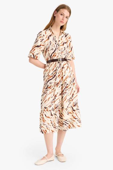 Shirt Collar Animal Print Half Sleeve Midi Dress