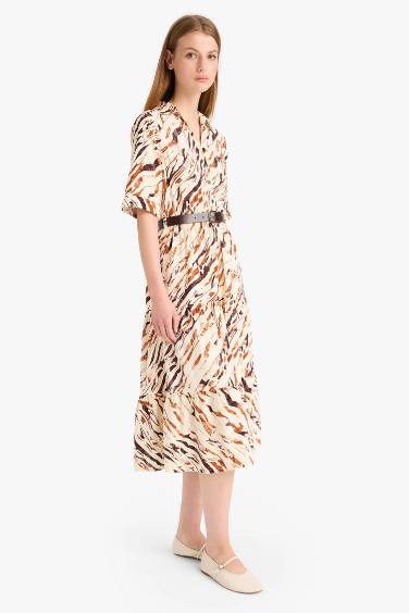 Shirt Collar Animal Print Half Sleeve Midi Dress