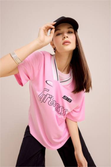 Oversize Fit V Neck Printed Short Sleeve T-Shirt