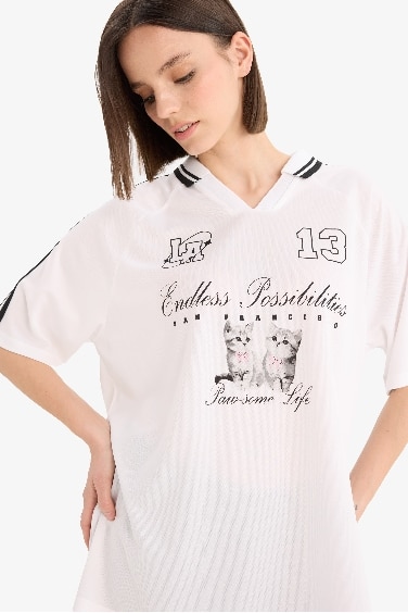 Oversize Fit Printed Polo T-Shirt