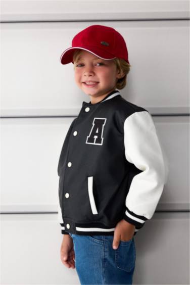 Erkek Bebek Su Geçirmez Kolej Yaka Nakışlı Cepli Çıtçıtlı Bomber Mont