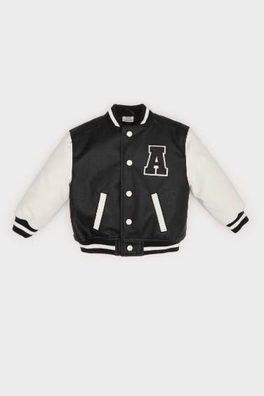 Erkek Bebek Su Geçirmez Kolej Yaka Nakışlı Cepli Çıtçıtlı Bomber Mont