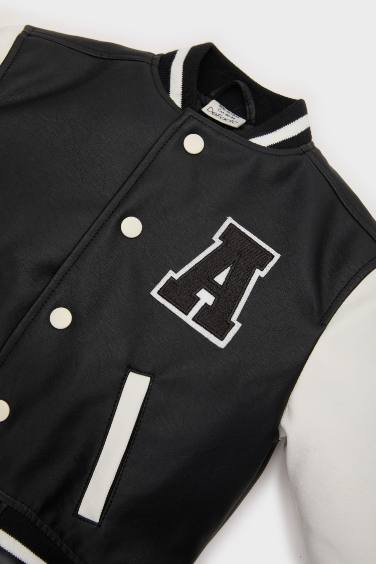 Erkek Bebek Su Geçirmez Kolej Yaka Nakışlı Cepli Çıtçıtlı Bomber Mont