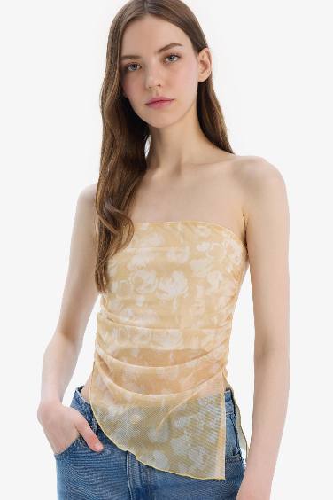 Fitted Patterned Strapless Tulle Blouse