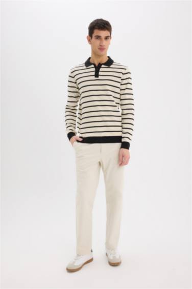 Standart Fit Polo Yaka Çizgili Triko Kazak