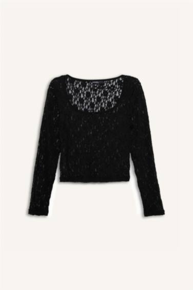 Round Neck Fitted Lace Long Sleeve Blouse