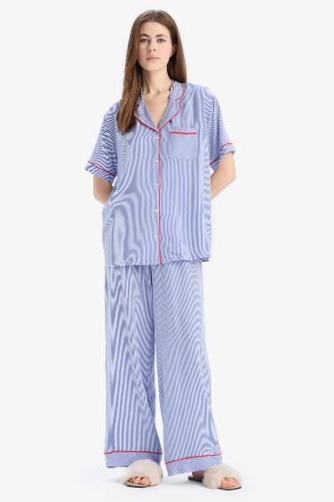 Pijama Takımı Viskon Kısa Kollu Üst Beli Lastikli Uzun Alt-Fall in Love
