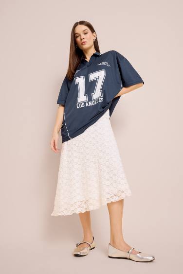 A Form Normal Waist Combed Cotton Lining Lace Midi Skirt