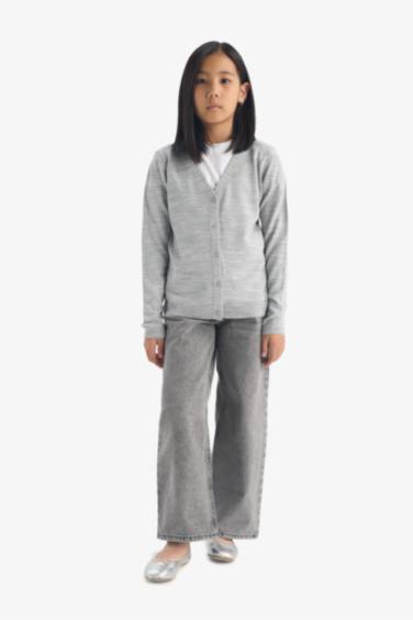 Kız Çocuk V Yaka Düğmeli Okul Triko Hırkası