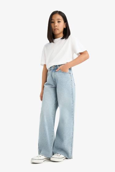 بنطرون جينز بناتي وايد ليج برجل واسع بجيب