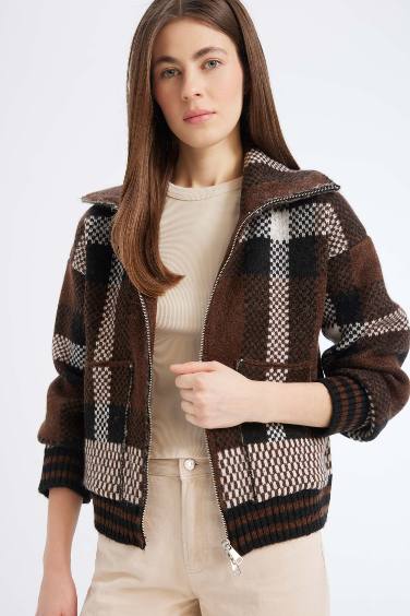 Regular Fit Polo Collar Plaid Cardigan