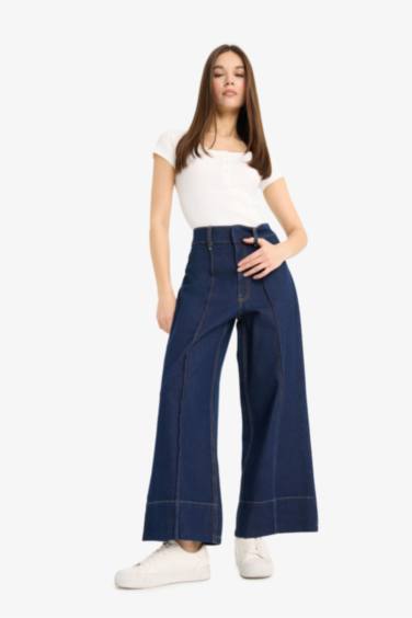 Kısa Geniş Paça Yüksek Bel Crop Fit Crop Jean Pantolon
