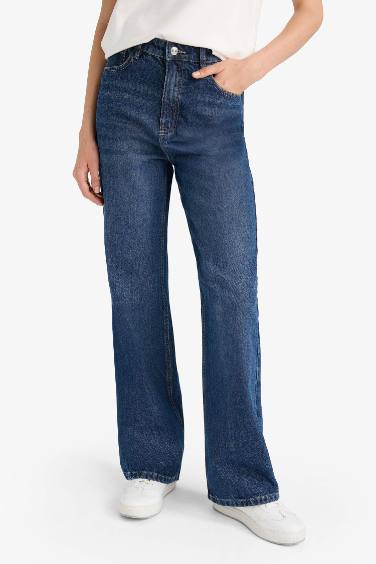 بنطلون جينز وايد ليج برجل واسع وخصر عالي أزرق غامق