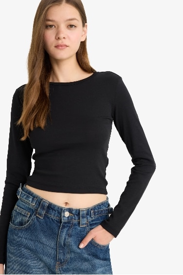 Coool Fitted Bisiklet Yaka Ribana Uzun Kollu Tişört