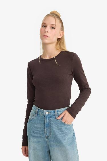 Coool Fitted Bisiklet Yaka Ribana Uzun Kollu Tişört