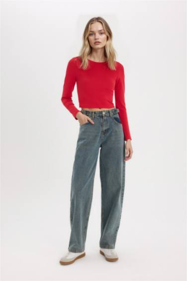 T-shirt rouge slim basique en maille côtelée à manches longues