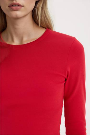 T-shirt rouge slim basique en maille côtelée à manches longues