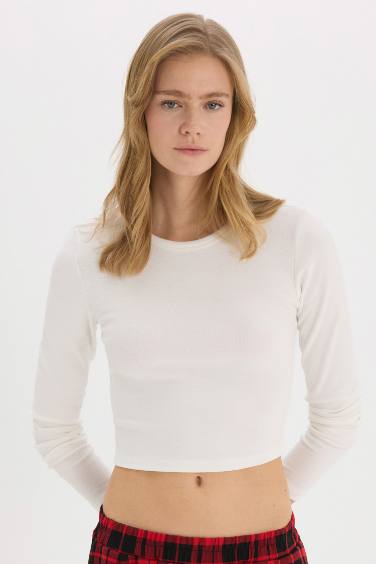 Fitted Basic Ribbed Long Sleeve White T-Shirt