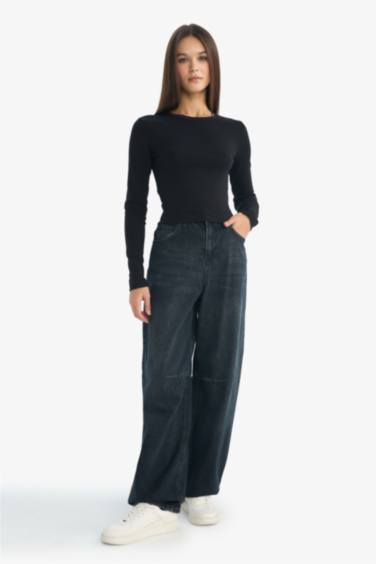 Fitted Bisiklet Yaka Ribana Uzun Kollu Tişört