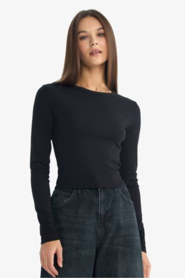 Fitted Bisiklet Yaka Ribana Uzun Kollu Tişört