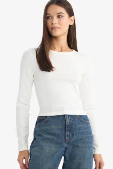 Fitted Bisiklet Yaka Ribana Uzun Kollu Tişört