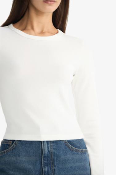 Fitted Bisiklet Yaka Ribana Uzun Kollu Tişört