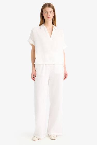 Wide Leg Elastic Waist Midi Crinkle Fabric Trousers