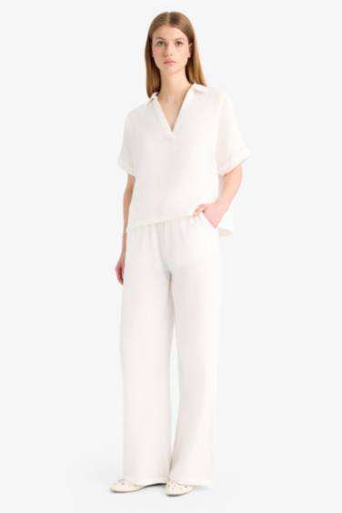 Wide Leg Elastic Waist Midi Crinkle Fabric Trousers