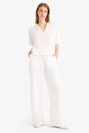Wide Leg Elastic Waist Midi Crinkle Fabric Trousers