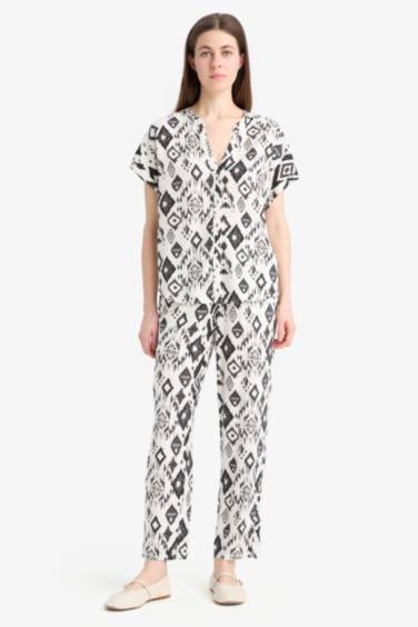 بنطرون كاروت فيت مطبوع فيسكوز برجل واسع وخصر عالي