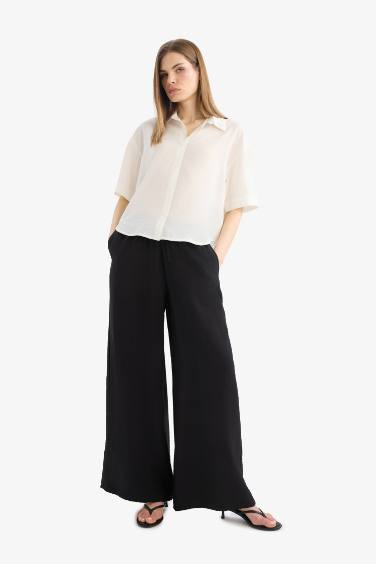 Wide Leg Elastic Waist Straight Leg Midi Trousers