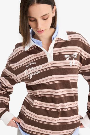 Coool Loose Fit Polo Yaka Çizgili Sweatshirt