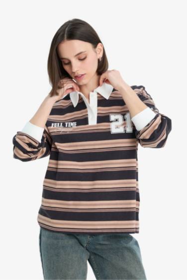 Loose Fit Çizgili Polo Yaka Sweatshirt