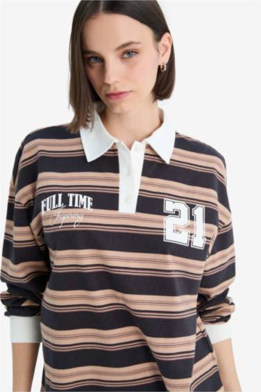 Loose Fit Çizgili Polo Yaka Sweatshirt