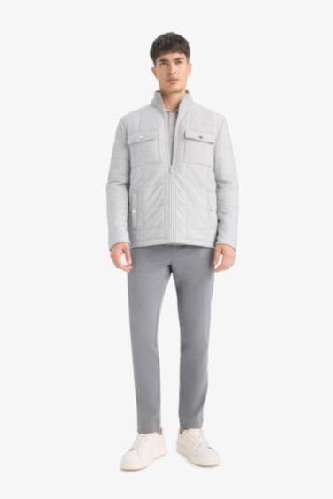 Slim Fit Dar Kesim Dik Yaka Astarlı Fermuarlı Cepli Kışlık Şişme Penye Mont