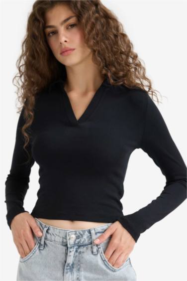 Fitted Polo Neck Basic Modal Black T-Shirt