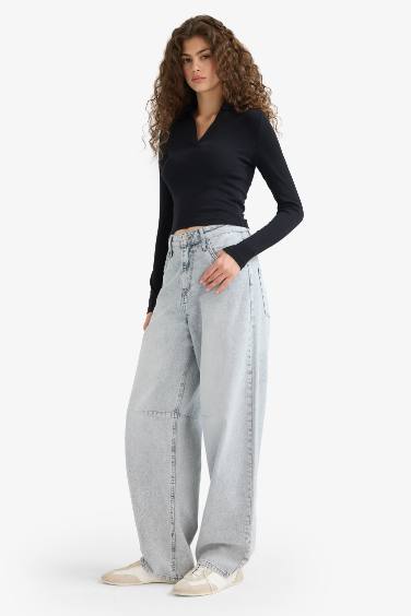 Fitted Polo Neck Basic Modal Black T-Shirt